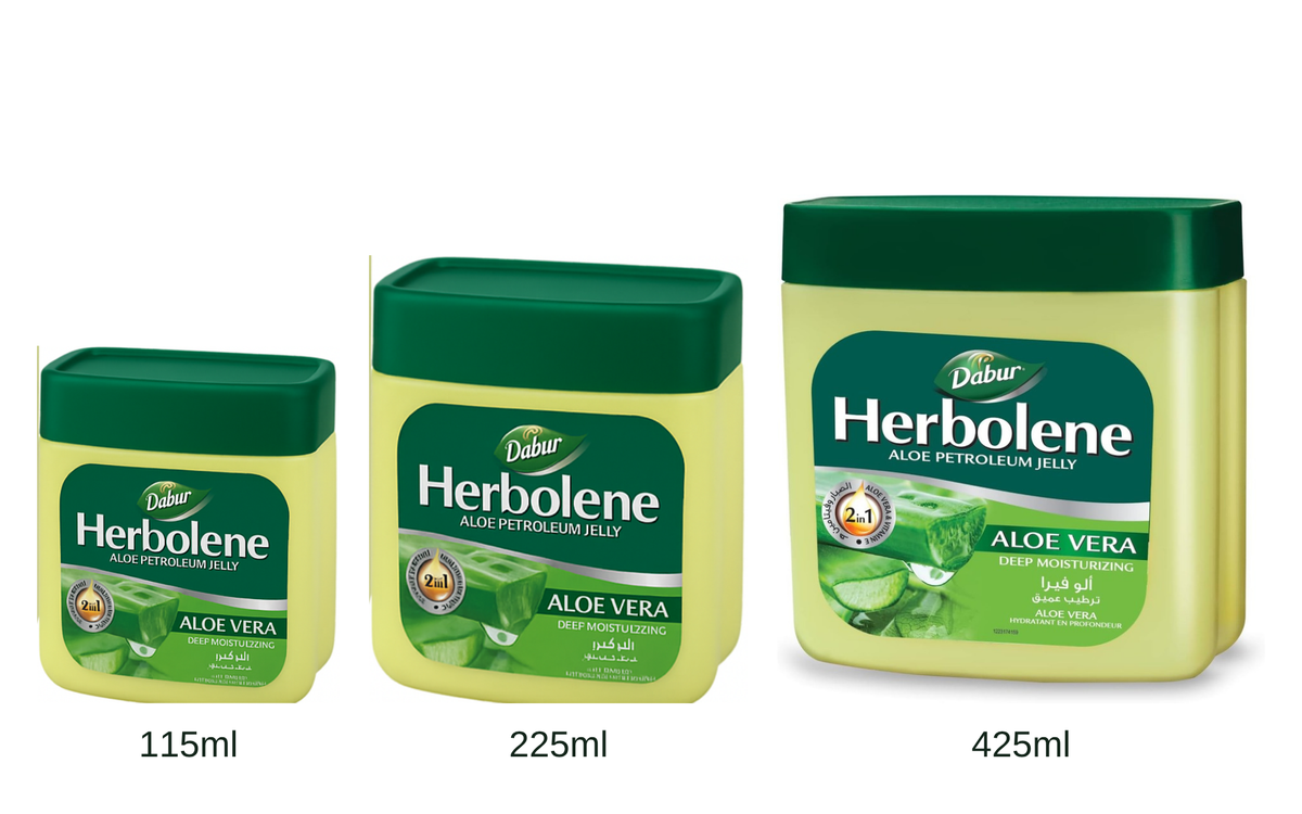 Dabur Herbolene petroleum jelly size range: 115ml, 225ml and 425ml jars shown to scale