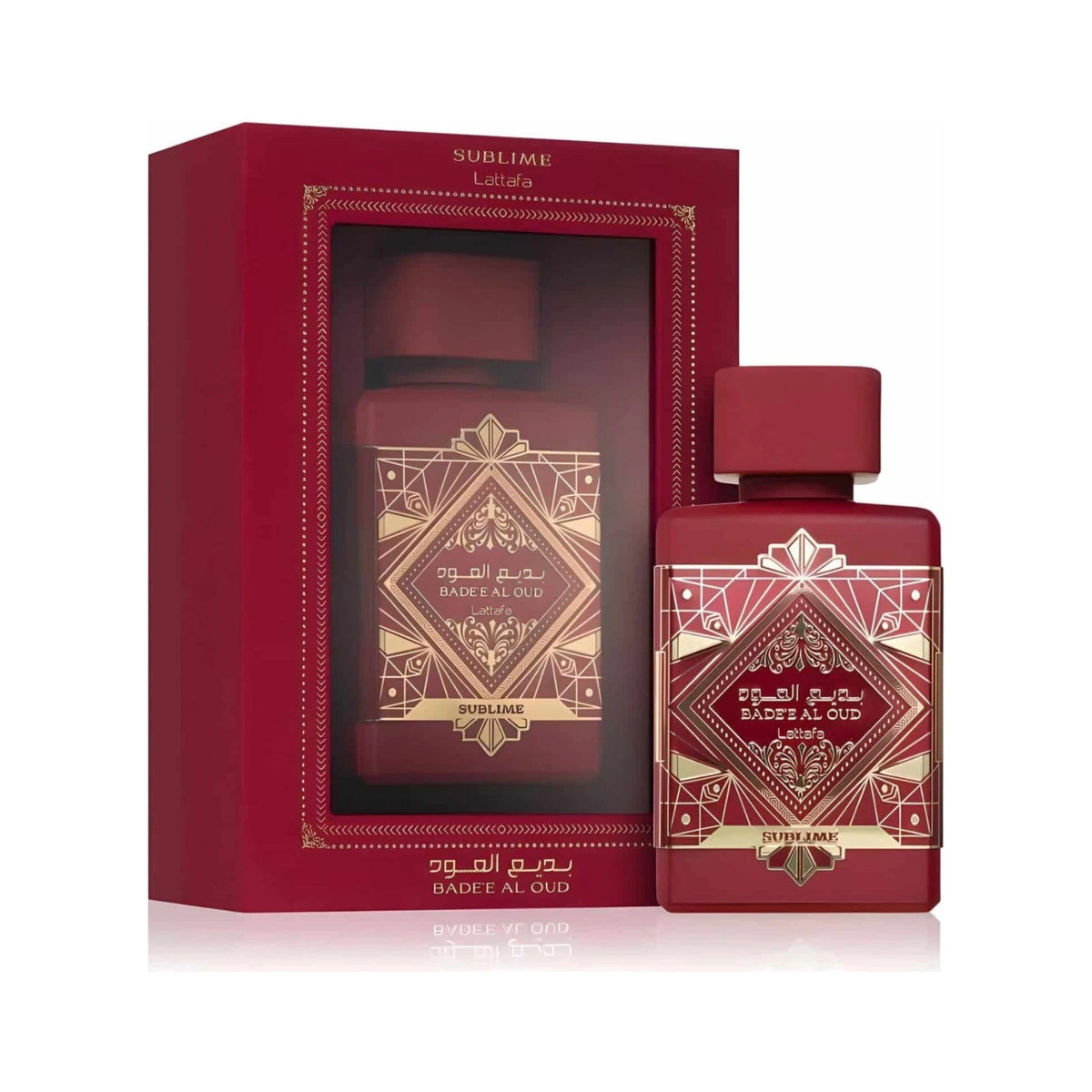 Lattafa Badee Al Oud Sublime 100ml bottle beside its red presentation box